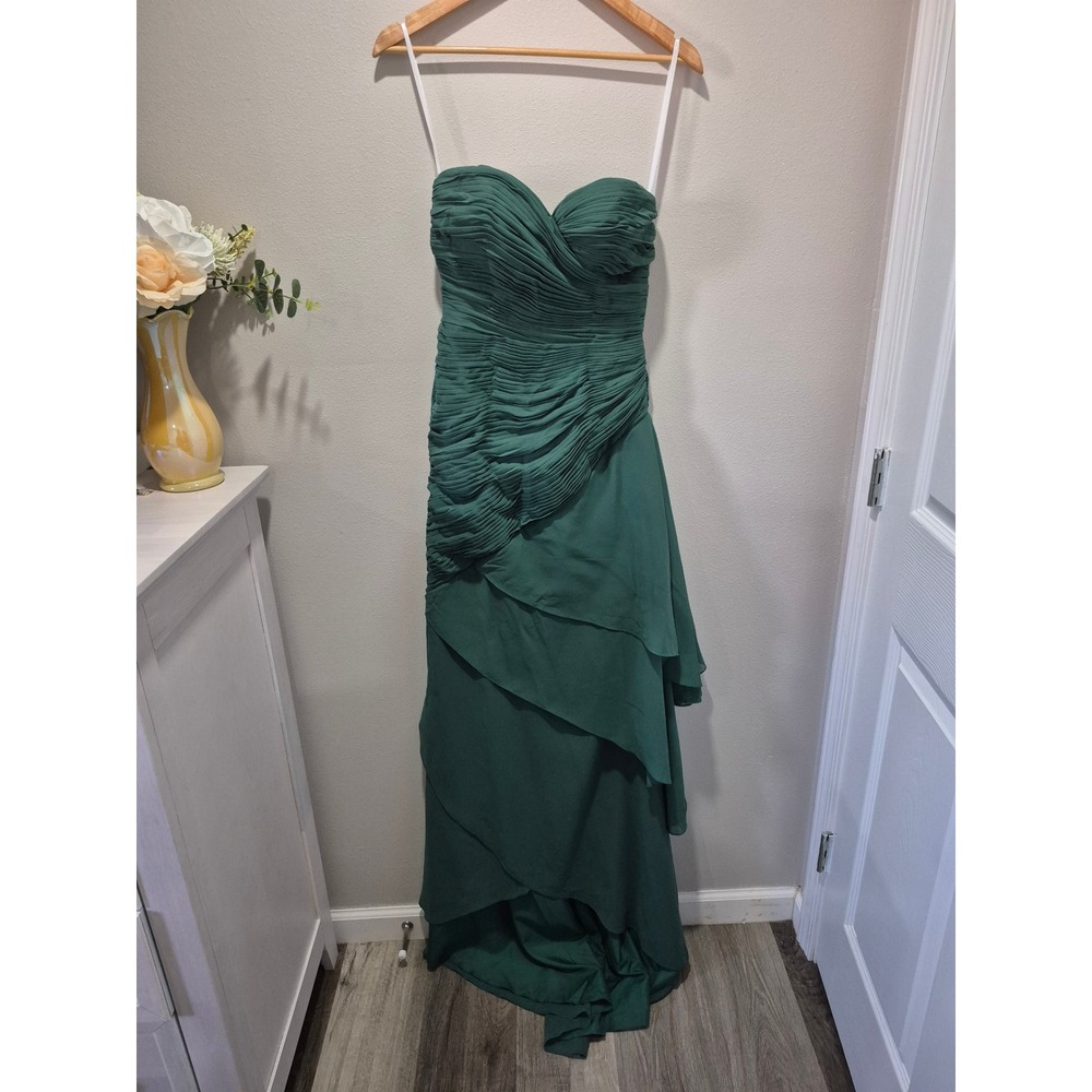 Forest Green Strapless Ruched Tiered Ruffle Formal Evening Gown Maxi Dress